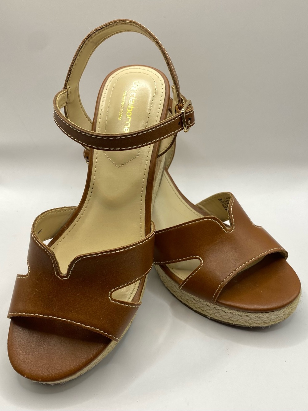Liz Claiborne Majorca Brown Leather Espadrille Wedge Sandal Womens 6 Memory Foam
